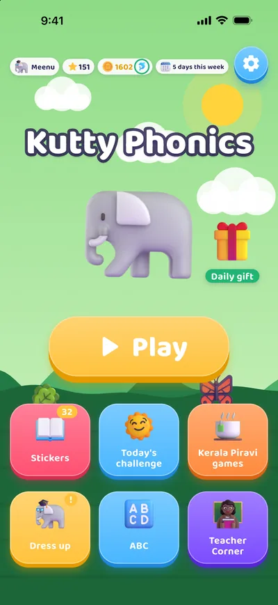Kutty Phonics home screen with Play and the dress-up, stickers and challenge tiles