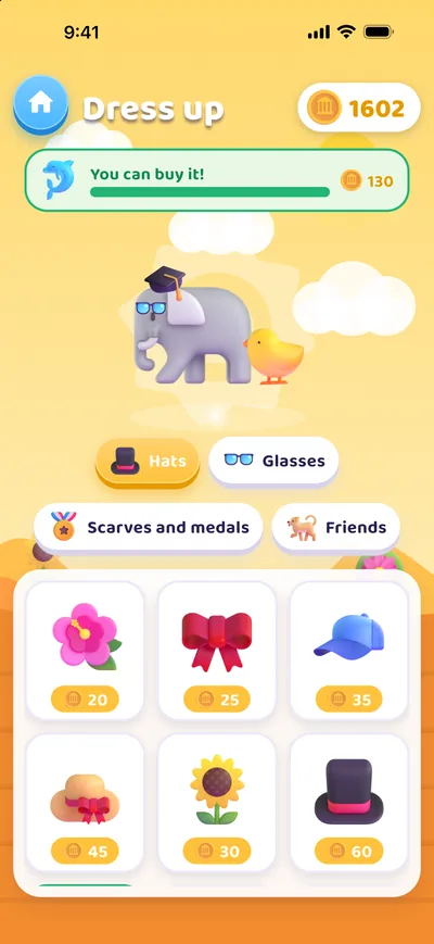 The dress-up shop: hats, glasses and animal friends bought with coins