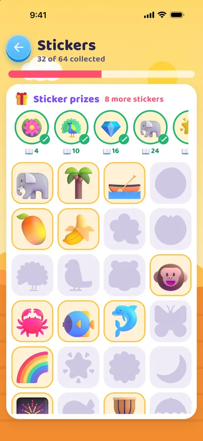 The sticker book with its row of sticker prizes